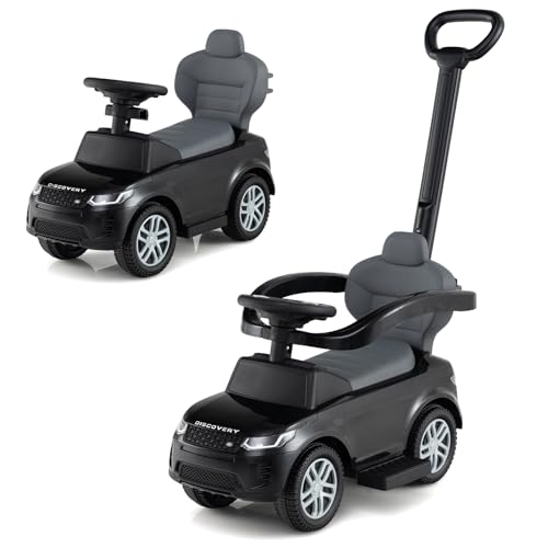 DREAMADE 3 in 1 Kinder Rutschauto, Schiebeauto mit abnehmbare Schiebestange, Kinderfahrzeug mit einziehbare Fußstütze, Kippschutz, Hupe, Stauraum, Rutschfahrzeug für Kinder ab 1 Jahr (Schwarz) von DREAMADE