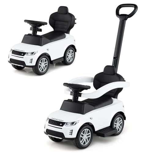DREAMADE 3 in 1 Kinder Rutschauto, Schiebeauto mit abnehmbare Schiebestange, Kinderfahrzeug mit einziehbare Fußstütze, Kippschutz, Hupe, Stauraum, Rutschfahrzeug für Kinder ab 1 Jahr (Weiß) von DREAMADE