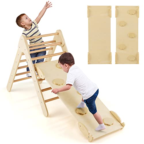 DREAMADE 3 in 1 Montessori Kletterdreieck mit 2-seitiger Rampe, Holzdreieck Sprossendreieck Kletterspielzeug aus Holz, Indoor Klettergerüst zum Rutschen & Klettern für Kinder ab 1 Jahr (Natur) von DREAMADE