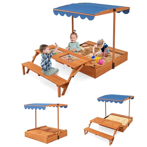 DREAMADE 3 in 1 Sandkasten aus Tannenholz, Sandkiste mit ausklappbarem Picknicktisch & 360° verstellbares Vordach, Kinderspielplatz für Garten, Hinerhof, Strand von DREAMADE