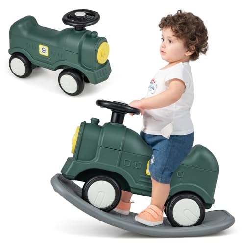 DREAMADE 3 in 1 Schaukelpferd, Rutschauto mit abnehmbarem Balancierbrett, Rutschfahrzeug in Zugform, 40 Grad Balance Board für Kinder 18-72 Monate (Zug) von DREAMADE