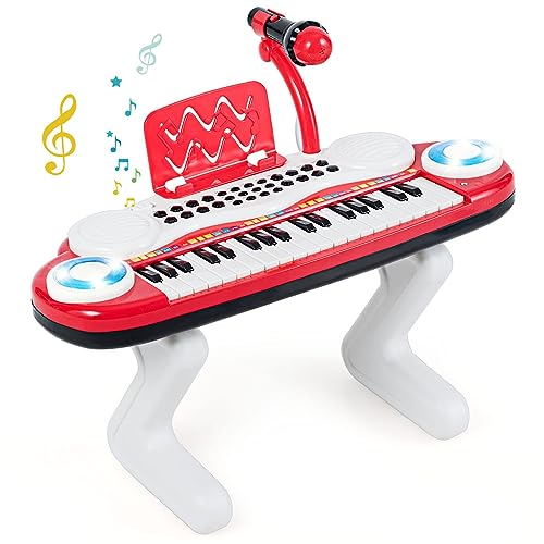 DREAMADE 37 Tasten Keyboard Kinder, Elektronische Klaviertastatur mit Mikrofon & Z-Ständer, Mini E-Piano, Digitalpiano mit Licht für Kinder ab 18 Monaten (Rot) von DREAMADE