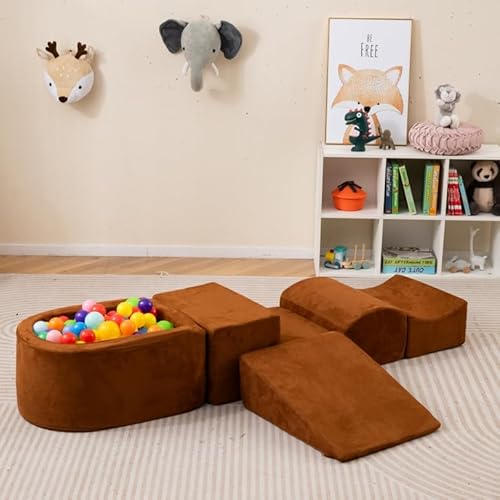 DREAMADE 5 TLG. Softbausteine, Riesenbausteine mit Bällebad & waschbarem Bezug, Großbausteine aus Schaumstoff, Kletterblöcke zum Toben & Klettern für Kleinkinder (Braun) von DREAMADE