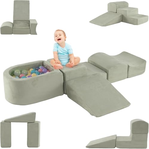 DREAMADE 5 TLG. Softbausteine, Riesenbausteine mit Bällebad & waschbarem Bezug, Großbausteine aus Schaumstoff, Kletterblöcke zum Toben & Klettern für Kleinkinder (Grün) von DREAMADE