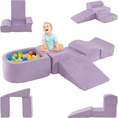 DREAMADE 5 TLG. Softbausteine, Riesenbausteine mit Bällebad & waschbarem Bezug, Großbausteine aus Schaumstoff, Kletterblöcke zum Toben & Klettern für Kleinkinder (Lila) von DREAMADE