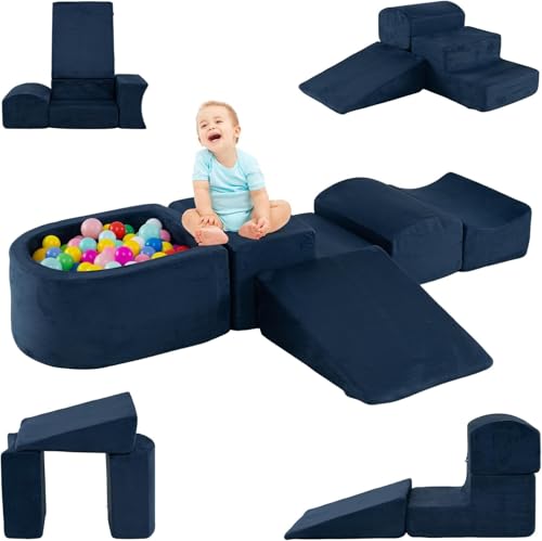 DREAMADE 5 TLG. Softbausteine, Riesenbausteine mit Bällebad & waschbarem Bezug, Großbausteine aus Schaumstoff, Kletterblöcke zum Toben & Klettern für Kleinkinder (Marineblau) von DREAMADE