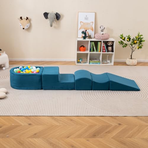 DREAMADE 5 TLG. Softbausteine, Riesenbausteine mit Bällebad & waschbarem Bezug, Großbausteine aus Schaumstoff, Kletterblöcke zum Toben & Klettern für Kleinkinder (Zyanblau) von DREAMADE