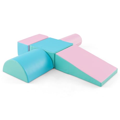 DREAMADE 5 TLG. Softbausteine für Kinder, Riesenbausteine Schaumstoffbausteine Großbausteine aus PE & EPE, Kletterbogen Kletterblöcke für Baby Indoor Klettern & Toben (Grün+Rosa) von DREAMADE