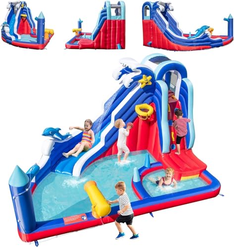 DREAMADE 6-in-1 Hüpfburg mit Wasserrutsche, Aufblasbare Hüpfburg Wasserpark mit Kletterwand, Wasserpistole, Basketballkorb, Ringwurf, Hüpfburg Outdoor für Kinder 3-10 Jahre (ohne Gebläse) von DREAMADE