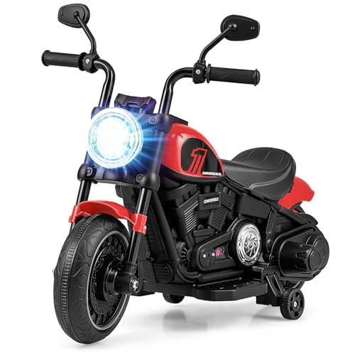 DREAMADE 6V Elektro Kinder Motorrad mit Scheinwerfer, Kindermotorrad mit Stützrädern, Elektromotorrad Elektrofahrzeug, Elektro Motorrad für Kinder ab 18 Monaten(Rot) von DREAMADE
