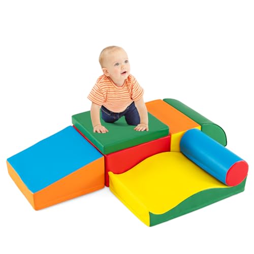 DREAMADE 7 TLG. Schaumstoffbausteine Riesenbausteine zum Toben und Klettern, XXL Bausteine Kinder, Softbausteine aus Schaumstoff, Großbausteine mit PU-Bezug für Babys & Kleinkinder (Blau+Gelb) von DREAMADE