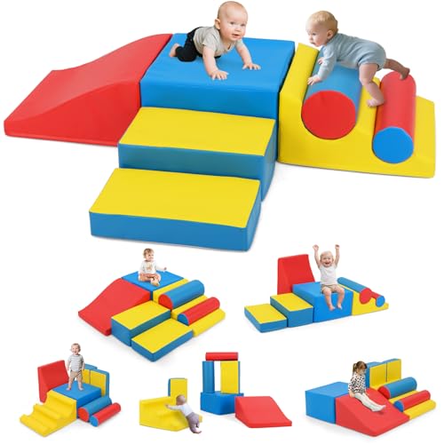 DREAMADE 7 tlg. Softbausteine für Baby & Kleinkinder, Schaumstoff Bausteine mit Klettverschlüssen, Wasserfester Kunstlederbezug, Rutschfeste Basis, Kletterblöcke für Baby Indoor Klettern & Toben, Bunt von DREAMADE