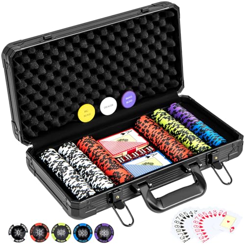 DREAMADE Aluminium Pokerkoffer mit 300 nummerierten Laser Poker Chips/ 2 Pokerkarten Set/ 5 Würfel/ 3 Dealer-Buttons, Pokerspiel, Poker Komplett Set Pokerset Profi Texas Hold'em (300 Chips) von DREAMADE