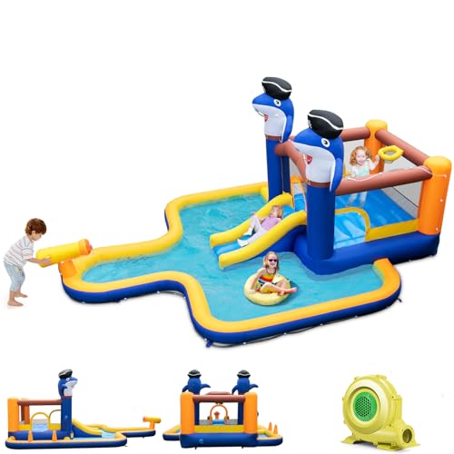 DREAMADE Aufblasbare Hai Hüpfburg, Wasserpark Hüpfburg mit Wasserrutsche & Planschbecken & Wasserkanone & Basketballborb & Ringwurfspiel, Outdoor/Indoor für Kidner 3-10 Jahre (mit 680W Gebläse) von DREAMADE