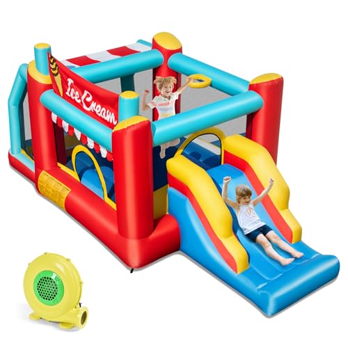 DREAMADE Aufblasbare Hüpfburg, 5-in-1 Eiscreme-Themenburg mit Rutsche, Sprungbereich, Basketballkorb, Ballpool & Ringwurfspiel, IHüpfburg für Garten, Rasen, Party, 475 x 224 x 201cm (mit Gebläse) von DREAMADE