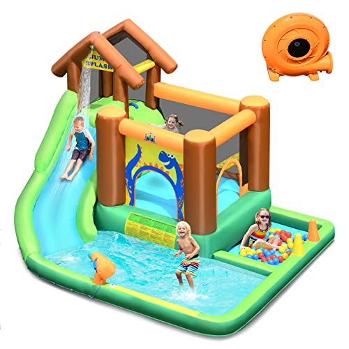 DREAMADE Aufblasbare Hüpfburg, Wasserpark mit Rutsche Planschbecken Kletterwand Wasserkanone Bällebad, Wasserrutsche für Kinder 3-10 Jahren, 368x303x230cm (mit Gebläse) von DREAMADE