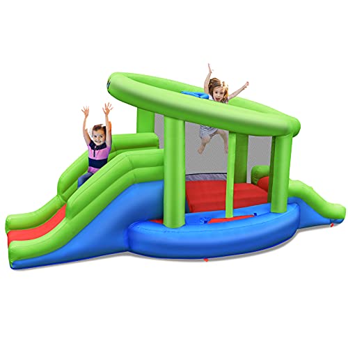 DREAMADE Aufblasbare Hüpfburg mit 2 Rutschen, Hüpfburgen mit Sprungbereich & Basketballkorb & Tragetasche, Outdoor/Indoor Spielburg für Kinder von 3-10 Jahren (ohne Gebläse) von DREAMADE
