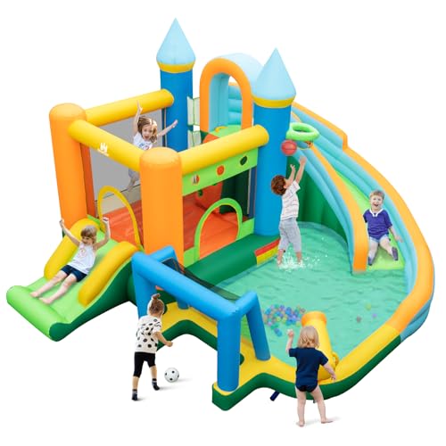 DREAMADE Aufblasbare Hüpfburg mit 2 Rutschen & Wasserbecken, Wasserpark mit Basketball, Fußball, 50 Ozeanbällen & bunten Ringen, Nass-&Trocken-Hüpfburg 397x463x250cm (ohne Gebläse) von DREAMADE