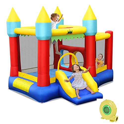 DREAMADE Aufblasbare Hüpfburg mit Rutsche & Basketballkorb, Castle Bouncer, Schloss-Hüpfburg mit Basketball & 100 Bällen, Outdoor und Indoor, 3-10 Jahre, 314x300x245cm (mit Gebläse) von DREAMADE