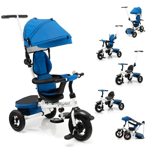 DREAMADE Dreirad ab 1 Jahr mit Schubstange, 6 in 1 Kinderdreirad mit Sonnendach, umkehrbarem Sitz & Aufbewahrungskorb, Klappbar Buggy bis 25kg (Blau) von DREAMADE