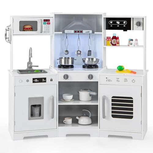 DREAMADE Eck Spielküche Kinderküche Holz mit Zubehör, Holzküche Eckküche mit Herd Spüle Mikrowelle Kaffeemaschine Ofen, Kinder Küche mit Licht und Sound für Kinder ab 3 Jahren (Weiß) von DREAMADE
