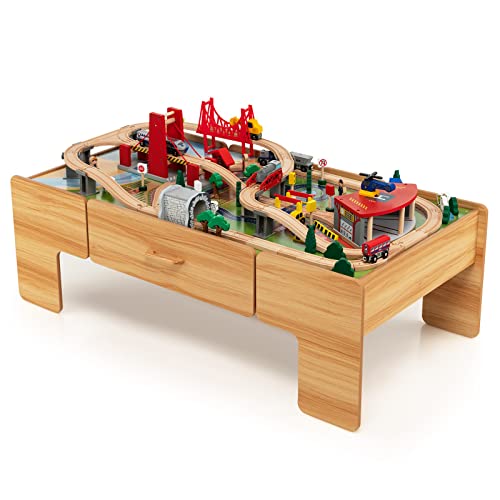 DREAMADE Eisenbahn-Set mit Spieltisch und 100 Zubehör, Bahngleis-Set, Holzeisenbahn, Spielzeugeisenbahn-Set für Kinder ab 3 Jahre von DREAMADE