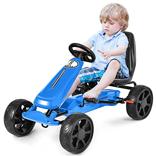 DREAMADE Gokart für Kinder, Tretauto Kinderfahrzeug, Tretfahrzeug mit Pedal & verstellbarem Sitz & Bremse, für Kinder 3-8 Jahren, bis 30kg belastbar (Blau) von DREAMADE