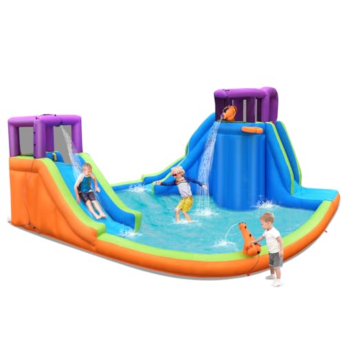 DREAMADE Hüpfburg mit Wasserrutsche, Wasserpark mit Planschbecken, 2 Rutschen, Kletterwand, Wasserpistolen, Basketballkorb, inkl. Tasche & Basketball, Wasserhüpfburg für Kinder, 458 x 439 x 236 cm von DREAMADE