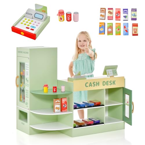 DREAMADE Kasse Kaufladen Kinder, Kaufmansladen Holz mit realistischer Kasse & Verkaufsautomat, Spiel-Supermarkt mit 15 Zubehör & Kreidetafel, Verkaufsstand Spielzeug Set für Kinder ab 3 Jahren (Grün) von DREAMADE