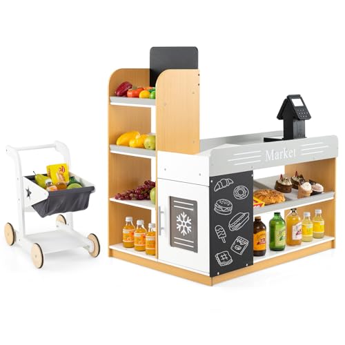 DREAMADE Kaufladen Kinder, Kaufmannsladen aus Holz mit Einkaufswagen, Kreidetafeln & Kasse, Verkaufsstand Supermarkt für Kinder ab 3 Jahren DREAMADE Kaufladen Kinder, Kaufmannsladen aus Holz mit Einkaufswagen, Kreidetafeln & Kasse, Verkaufsstand Supermarkt für Kinder ab 3 Jahren von DREAMADE