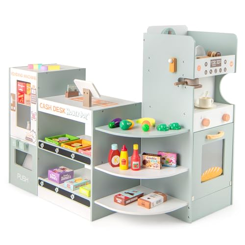 DREAMADE Kaufladen Kinder, Kaufmansladen Holz mit realistischer Kasse & Verkaufsautomat, Spiel-Supermarkt mit Zubehör & Kaffeemaschine, Verkaufsstand Spielzeug Set für Kinder ab 3 Jahren (Grau+Weiß) DREAMADE Kaufladen Kinder, Kaufmansladen Holz mit realistischer Kasse & Verkaufsautomat, Spiel-Supermarkt mit Zubehör & Kaffeemaschine, Verkaufsstand Spielzeug Set für Kinder ab 3 Jahren (Grau+Weiß) von DREAMADE