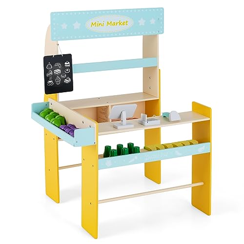 DREAMADE Kaufladen für Kinder aus Holz, Kinder Kasse mit Scanner & POS-Maschine, Einkaufsladen, Kaufmannsladen Theke & Seitentheke & Tafel & 40 Zubehör für Kinder ab 3 Jahren von DREAMADE