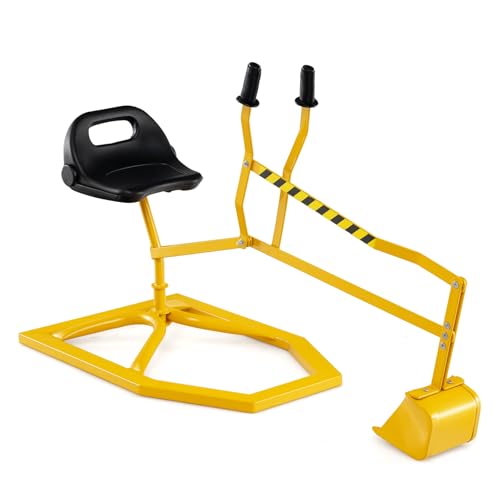 DREAMADE Kinder Bagger für Sandkasten, Metall-Aufsitzbagger mit 360° drehbarem Sitz, Flexibler Schaufel, für Erde, Schnee, Strand, Bagger zum draufsitzen für Kinder ab 3 Jahren (Gelb) von DREAMADE