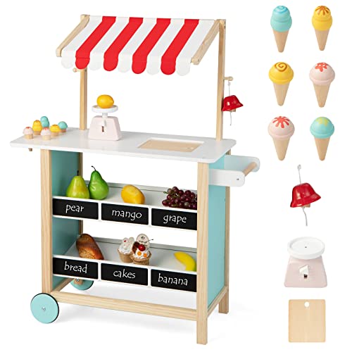 DREAMADE Kinder Eiswagen mit 6 Spielzeug-Eiscreme, Kaufladen aus Holz mit 2 Rädern und Markise, Einkaufsladen für Kinder ab 3 Jahren (Rot) von DREAMADE