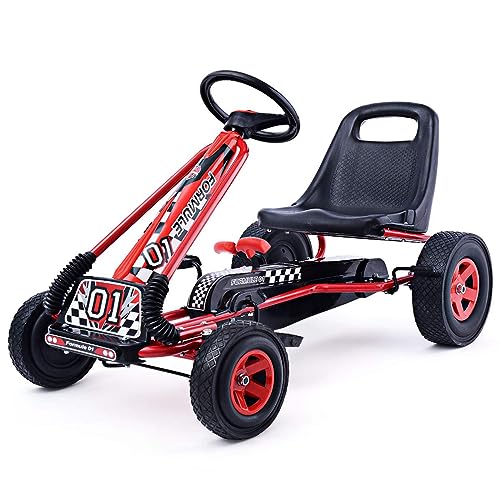 DREAMADE Kinder Go Kart Tretfahrzeug, Tretauto mit Bremsen, Kinderfahrzeug Pedalfahrzeug mit Verstellbarem Sitz für Kinder ab 3 Jahre (Rot) von DREAMADE