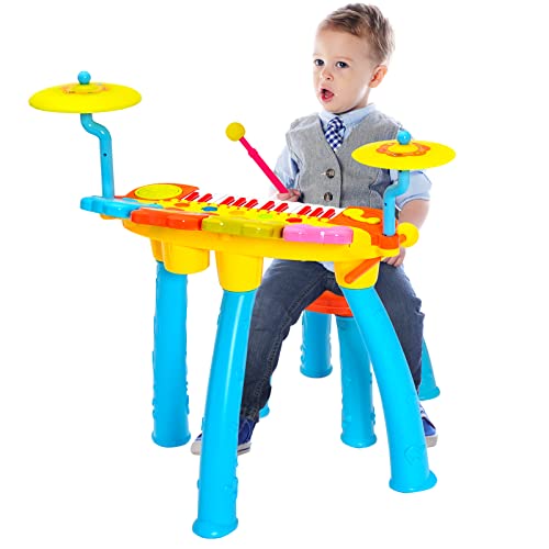 DREAMADE Kinder Keyboard mit Trommel Set, 24 Tasten Standkeyboard mit Mikrofon, LED-Leuchten & DJ-Plattenspieler, Musikspielzeug Kinder ab 3 Jahre (Blau) von DREAMADE