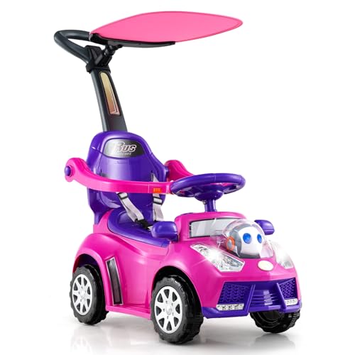 DREAMADE Kinder Rutschauto, 3 in 1 Schiebeauto mit abnehmbarem Verdeck, Sicherheitsgurt & Stauraum, Kinderfahrzeug mit Hupe, Musik & Licht, Rutschfahrzeug für Kinder ab 1 Jahr (Rosa) von DREAMADE