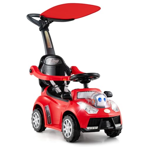 DREAMADE Kinder Rutschauto, 3 in 1 Schiebeauto mit abnehmbarem Verdeck, Sicherheitsgurt & Stauraum, Kinderfahrzeug mit Hupe, Musik & Licht, Rutschfahrzeug für Kinder ab 1 Jahr (Rot) von DREAMADE