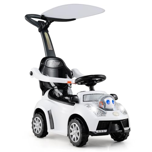 DREAMADE Kinder Rutschauto, 3 in 1 Schiebeauto mit abnehmbarem Verdeck, Sicherheitsgurt & Stauraum, Kinderfahrzeug mit Hupe, Musik & Licht, Rutschfahrzeug für Kinder ab 1 Jahr (Weiß) von DREAMADE