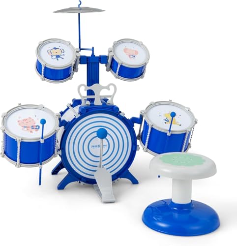 DREAMADE Kinder Schlagzeug, Trommel Set mit Schlagzeugstöcken, Hocker, Notenständer & Fußpedal, Percussion Musikinstrument Spielzeug für Kinder ab 3 Jahren von DREAMADE