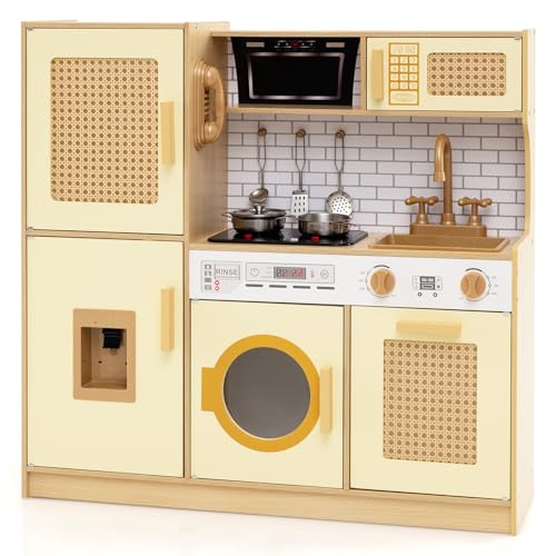 DREAMADE Kinderküche, Spielküche mit Rattantür, Holzküche mit Licht und Sound, Herd, Wasserspender, Dunstabzugshaube & Kochgeschirr, Spielzeugküche für Kinder ab 3 Jahren (Gelb) von DREAMADE