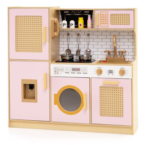 DREAMADE Kinderküche, Spielküche mit Rattantür, Holzküche mit Licht und Sound, Herd, Wasserspender, Dunstabzugshaube & Kochgeschirr, Spielzeugküche für Kinder ab 3 Jahren (Rosa) von DREAMADE