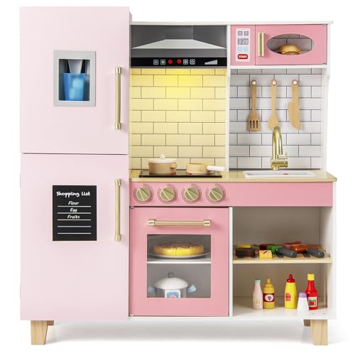 DREAMADE Kinderküche Holz mit 10 TLG. Zubehör, Holzküche Kinder Küche mit Herd Dunstabzugshaube Eismaschine Ofen, Spielküche mit Licht und Sound für Kinder ab 3 Jahren, Rosa + Weiß DREAMADE Kinderküche Holz mit 10 TLG. Zubehör, Holzküche Kinder Küche mit Herd Dunstabzugshaube Eismaschine Ofen, Spielküche mit Licht und Sound für Kinder ab 3 Jahren, Rosa + Weiß von DREAMADE