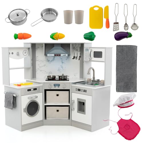 DREAMADE Kinderküche Holz mit 16 TLG. Zubehör, Kinder Spielzeugküche Eckküche mit Herd Spüle Backofen Dunstabzugshaube, Spielküche mit Licht und Sound für Kinder ab 3 Jahren Grau (Grau) von DREAMADE
