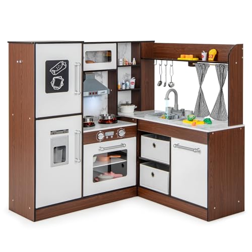 DREAMADE Kinderküche Holz mit 20 TLG. Spielzubehör, Kinder Küche Holzküche Eckküche mit Tafel Herd Spüle Backofen, Spielküche mit Licht und Sound für Kinder ab 3 Jahren DREAMADE Kinderküche Holz mit 20 TLG. Spielzubehör, Kinder Küche Holzküche Eckküche mit Tafel Herd Spüle Backofen, Spielküche mit Licht und Sound für Kinder ab 3 Jahren von DREAMADE