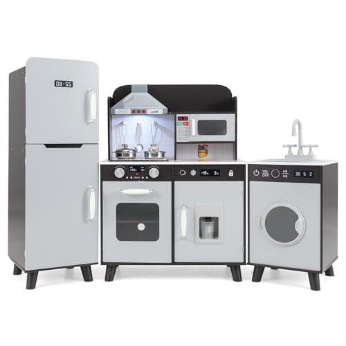 DREAMADE Kinderküche Holz mit Zubehör, Kinder Küche mit Herd Spüle Backofen Waschmaschine, Kinderspielküche mit Licht & Sound, Spielküche für Kinder ab 3 Jahren (Braun) von DREAMADE
