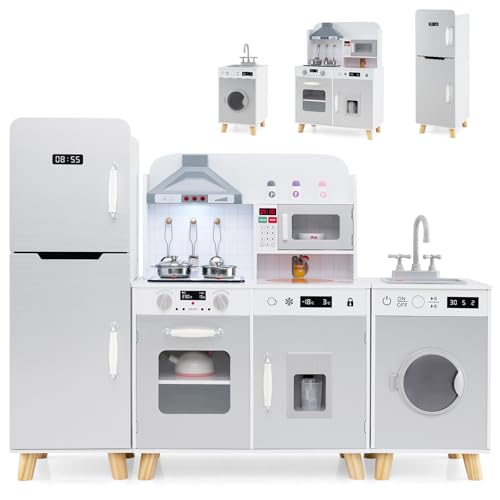 DREAMADE Kinderküche Holz mit Zubehör, Kinder Küche mit Herd Spüle Backofen Waschmaschine, Kinderspielküche mit Licht & Sound, Spielküche für Kinder ab 3 Jahren (Grau) von DREAMADE