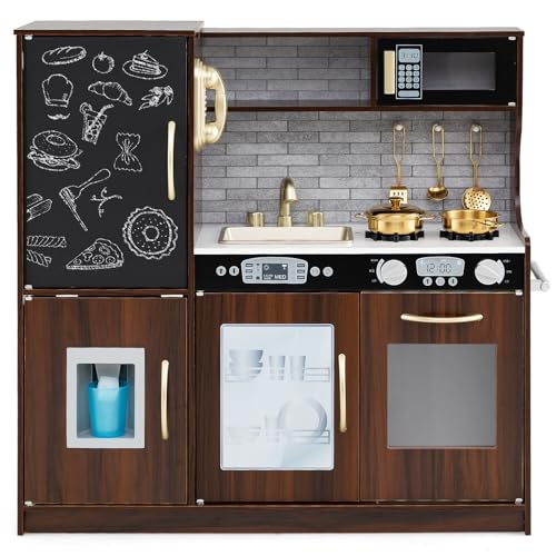 DREAMADE Kinderküche Holz mit Zubehör, Kinderspielküche Holzküche mit Herd Geschirrspüler Eismaschine Kühöschrank mit Tafel, Spielküche für Jungen und Mädchen ab 3 Jahren (Kaffee) von DREAMADE