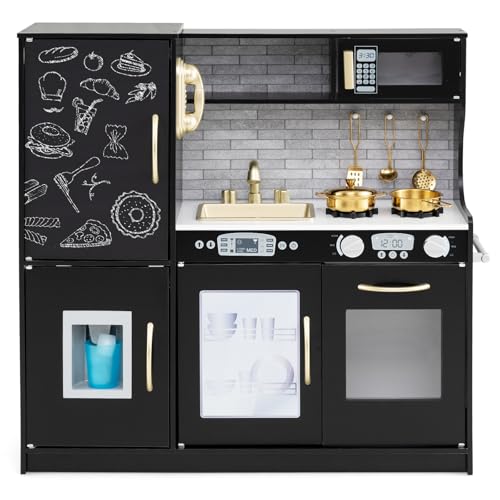 DREAMADE Kinderküche Holz mit Zubehör, Kinderspielküche Holzküche mit Herd Geschirrspüler Eismaschine Kühöschrank mit Tafel, Spielküche für Jungen und Mädchen ab 3 Jahren (Schwarz) von DREAMADE