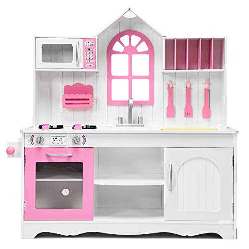 DREAMADE Kinderküche Holz mit Zubehör, Kinderspielküche Holzküche mit Spüle Herd Backofen Mikrowelle, Spielküche für Jungen und Mädchen ab 3 Jahren Weiß + Rosa von DREAMADE